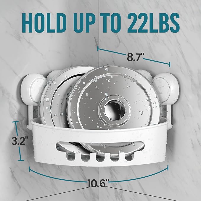TAILI Corner Shower Caddy with Suction Cups, Wall Mounted Organizer Plastic Rack for Small Bathrooms, Kitchen, Removable Drill-Free Heavy Duty Shelf Basket, White
