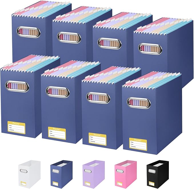BALEINE File Organizer Box, Cardboard File Folder Organizer with Handle for Letter Size, Portable Collapsible Hanging Filing Box for Home Office Document Storage (8 Pack, Navy)