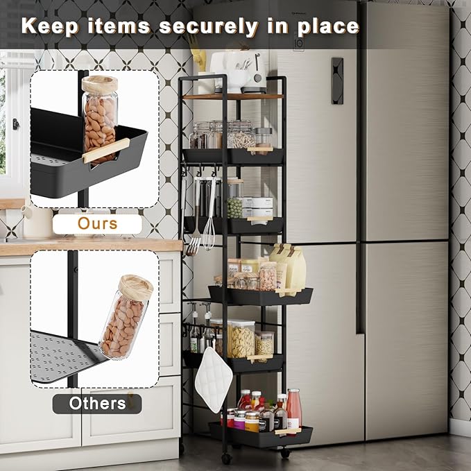 6-Tier Slim Rolling Storage Cart with Wheels, Metal Organizer Tall Rolling Cart, Wood Top Narrow Mobile Utility Cart with Pull-Out Baskets for Kitchen, Bathroom, Laundry Room, 13in(W) Black