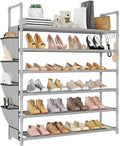 LANTEFUL 6 Tier Shoe Rack Storage for 24-30 Pairs Shoe and Boot, Shoe Organizer with Hook and Side Pocket Free Standing Long Shoe Shelf Tall Shoe Rack Organizer for Closet, Entryway, Dorm, Grey