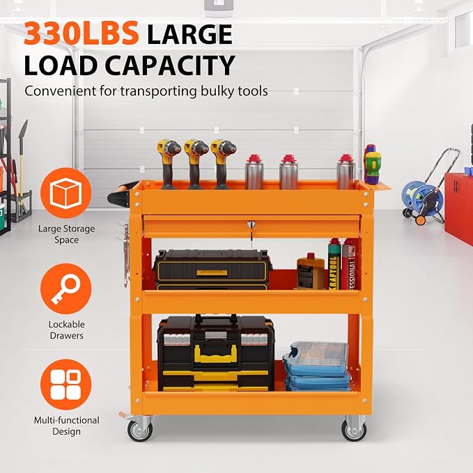 3 Tier Heavy Duty Rolling Tool Cart with Drawers, Large Storage Utility Cart on Wheels for Garage, Warehouse, Repair Shop (Orange)
