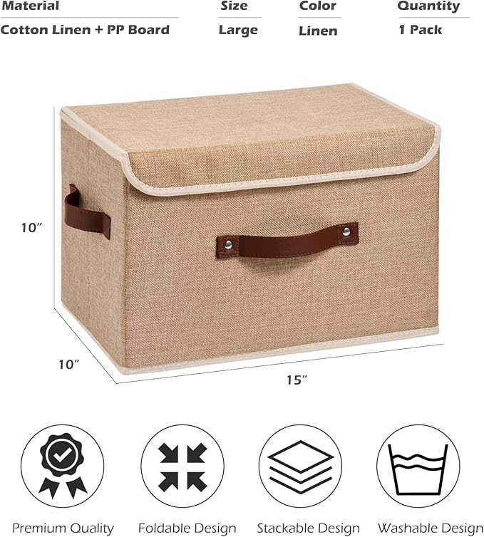 Storage Boxes with Lid Cotton Linen Fabric Storage Bins Organizer Container Decorative Collapsible Washable Shelf Baskets Faux Leather Handles for Home Bedroom Closet (Linen, Large)
