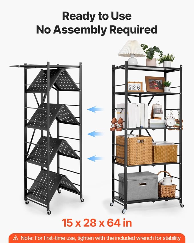 VEVOR 5-Tier Foldable Storage Shelf, 28W x 15D x 64H Inch Folding Metal Rack Shelving Unit, No Assembly Organizer Shelf with 5 Wheels & 4 Hooks for Pantry, Kitchen, Garage, Basement, Black