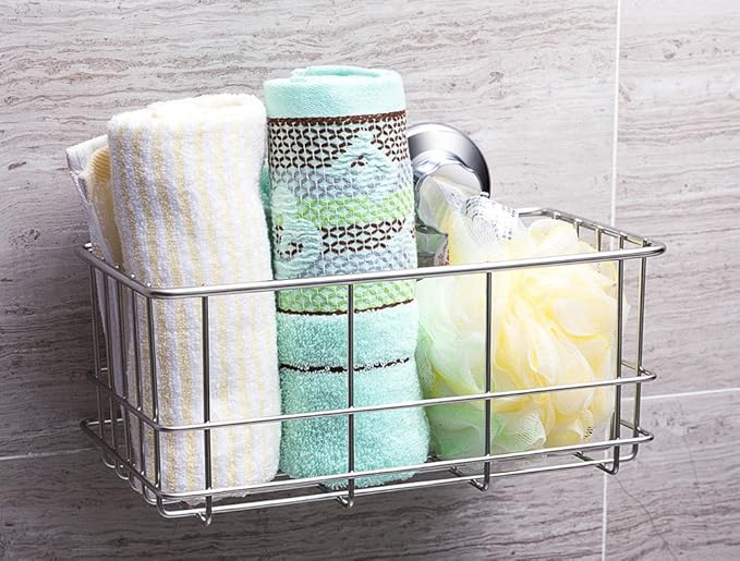 SANNO Suction Cup Shower Caddy,Bathroom Caddies Adhesive Pads Deep Large Basket Shelf,Bath Organizer Kitchen Storage Basket for Gel Holder Shampoo, Conditioner -2 pack