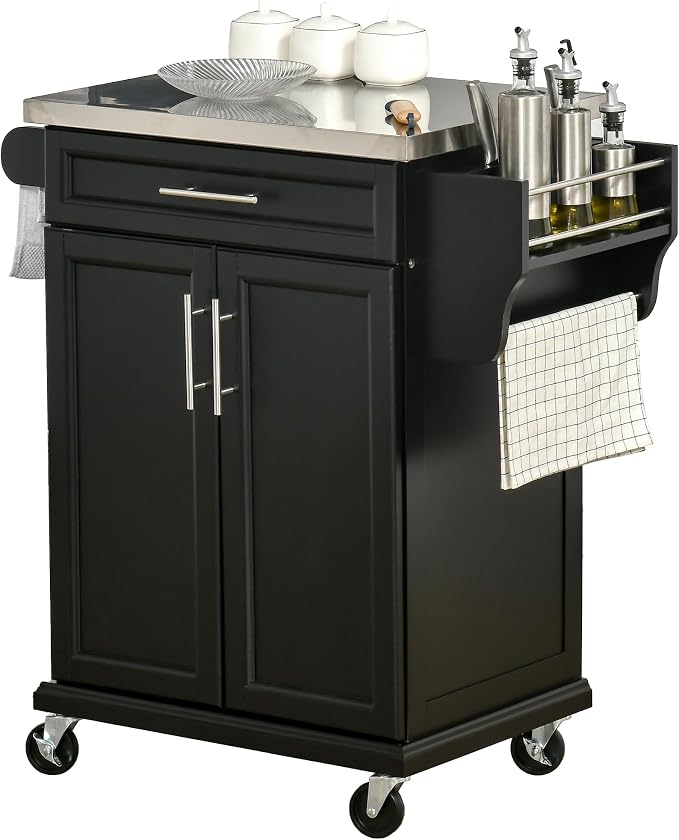 HOMCOM Kitchen Island on Wheels, Rolling Kitchen Cart with Stainless Steel Countertop, Drawer, Towel Rack and Spice Rack, Utility Storage Trolley, Black