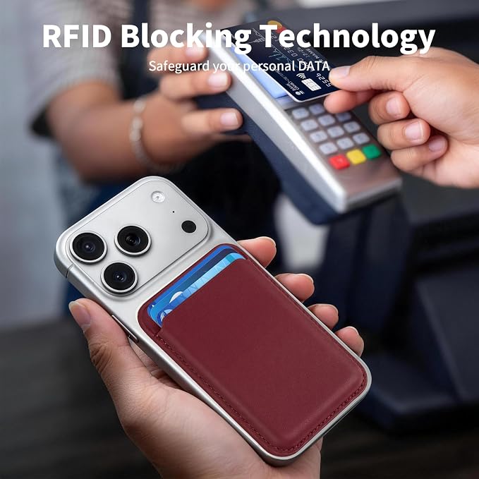 Magnetic Wallet Phone Card Holder for Phone Case with Mag-Safe, Stronger Magnetic RFID Leather Phone Wallet Stick on Series of iPhone 17/16/15/14/13/12 and Pro/Promax, Burgundy