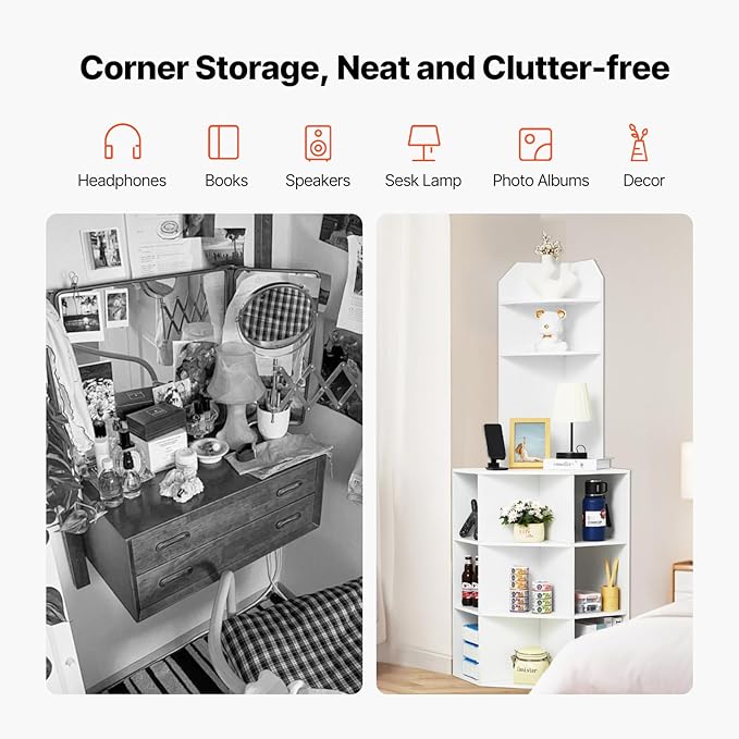 VEVOR 64" Tall Corner Storage Cabinet, 6 Tiers Wooden Storage Cabinet with USB Ports and Outlets & Adjustable Shelves, Freestanding Corner Cabinet for Living Room, Kitchen, Laundry Room, White
