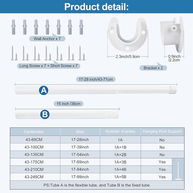 Adjustable Closet Rod for Hanging Clothes, 17-39inch Heavy Duty Metal tension clothes rod，1.3Inches Closet Pole with Hardware Kit for Closet Organization Laundry Room RV, White