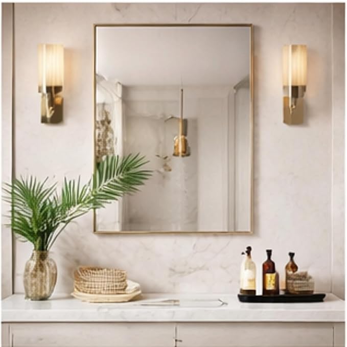 Head West Nordic Gold Stainless Steel Metal Framed Vanity Mirror, Accent Decorative Mirror for Wall Decor, Rectangle Modern Bathroom Mirror for Over Sink, Bedroom, Living Room Entryway Hallway 22"x34"