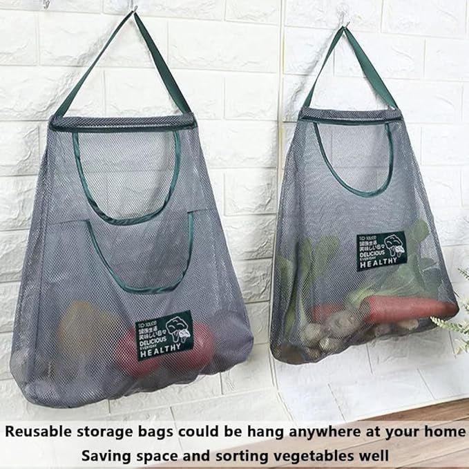 2 Pack Hanging Mesh Storage Bags (Single + Dual Pocket) Reusable Hanging Mesh Storage Produce Bags for Kitchen Storage Fruits, Onion, Garlic & Vegetables, Breathable Shopping Handbag
