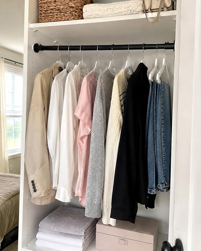 Closet Rods for Hanging Clothes, 18-92 Inch Stepless Adjustable Closet Rod, Heavy Duty Metal Closet Hanging Rod with Closed-Ring Brackets, Multi-Use Clothes Bar for Wardrobe Laundry Room RV, Black