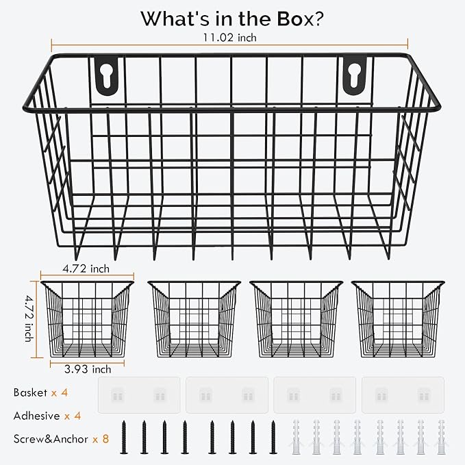 MaraFansie Hanging Wire Baskets Kitchen Storage Basket Adhesive and Screws Basket Over the Cabinet Door Organizer with Adhesive Strips and Screws Accessories, 2 Installations, 4 Pack, Black
