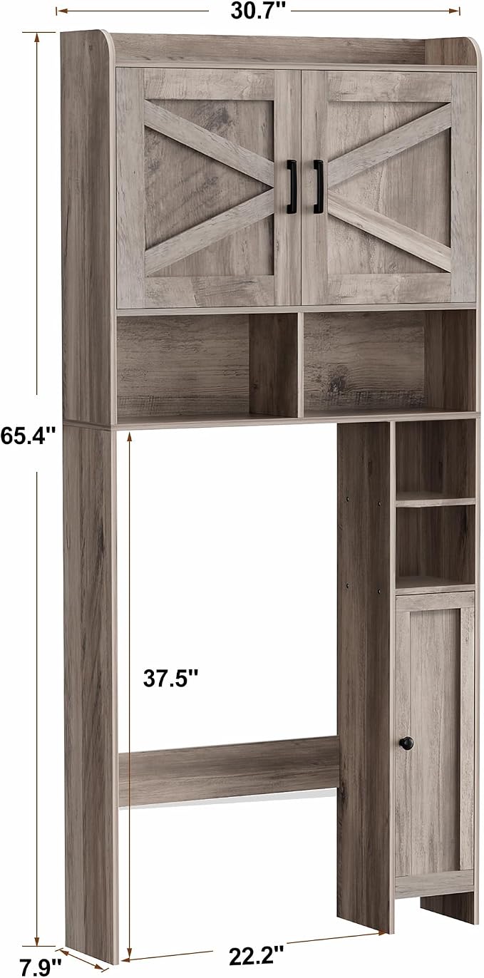 Homhedy Wooden Over The Toilet Storage Cabinet with Barn Door | Freestanding Bathroom Storage, Toilet Paper Holder, Adjustable Shelf,Space-Saving, Farmhouse Style, Greige