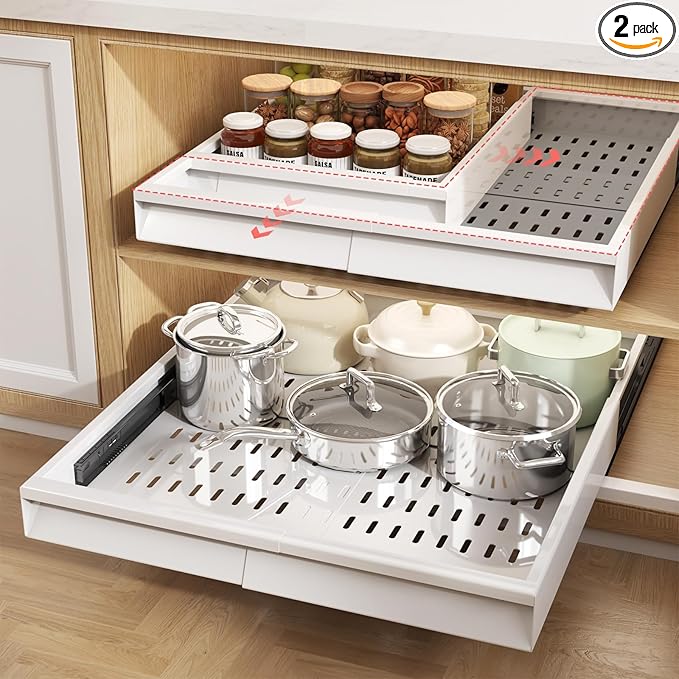 Seinloes 2 Pack Pull Out Cabinet Organizer With Raising Pad for Framed Cabinets,Expandable Width (13"-21") and Depth (17"-24"),3 Slide Rails Slide Out Drawers with Handle,No-Drill Roll Out Shelf,White
