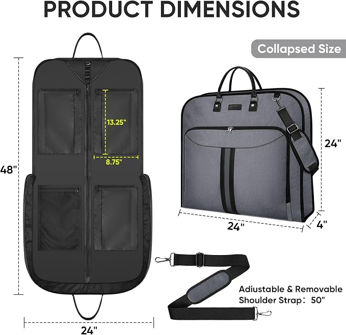 BALEINE Travel Garment Bag, Travel Suit Bag for Men, Water Resistant Carry on Garment Bag for Hanging Clothes, Garment Duffel Bag for Travel Business (Grey, 48")