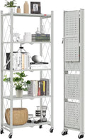 DEANIC 5-Shelf Folding Bookcase with Wheels, Rolling Bookshelf Heavy Duty Storage Shelves, Freestanding Metal Wire Shelving Unit for Living Room, Office, Kitchen, Basement, Pantry (Grey)
