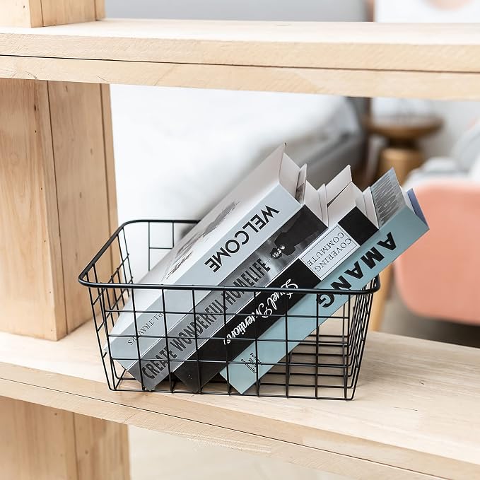 JUNCHU CHERRY Wire Kitchen Storage Basket 5 Packs,Perfect Pantry Organization Accessories Basket,Laundry,Countertop Organization,Suitable for Kitchen,Bathroom,Bedroom,Tabletop,Stackable,Black
