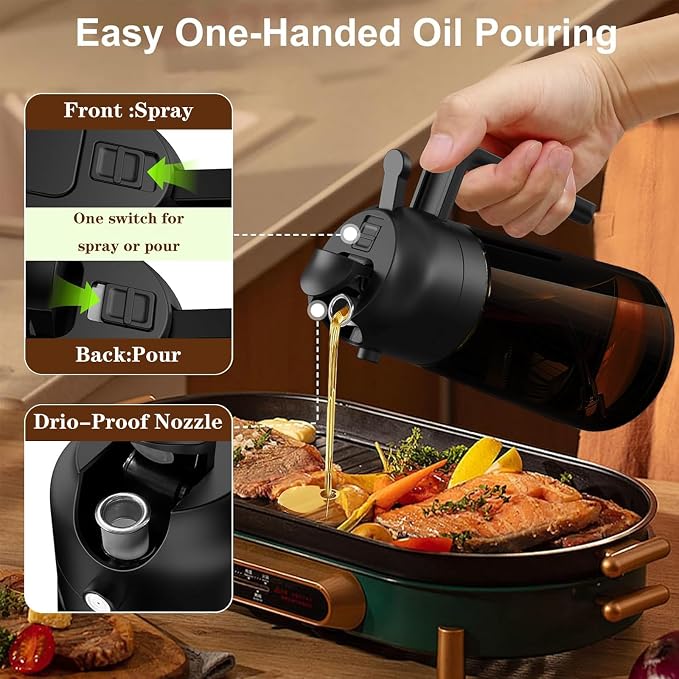 Oliver Oil Sprayer & Dispenser for Cooking Bottle 16oz Dark Glass Fine Mist | 2pcs,Brown Bottles-Black and Green,2-in-1 Lightproof Borosilicate Glass Oil Bottle, Wide Mouth