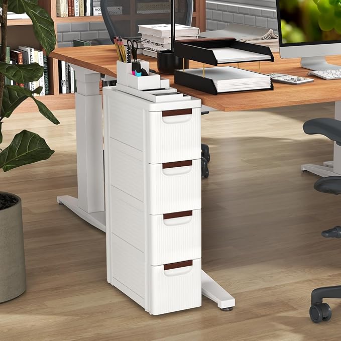 LOKO 4-Drawer Narrow Storage Cabinet, Slim Rolling Cart (7.5"x16.5"x29.5") | Mobile Plastic Cart Container | Pull Handles & Built-in Wheels | For Living Room, Kitchen, Bathroom, Office