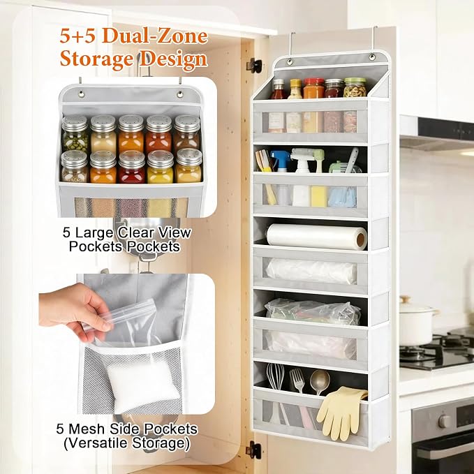 Over the Door Organizer 5-Tier, Heavy Duty Behind Door Storage, Anti-Tilt Capacity, Door Hanging Organizer with Clear Window for Closet, Bathroom, Nursery, Bedroom, Pantry, Shoe Diaper (Light Gray)