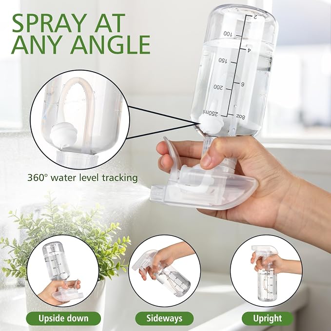360° Spray Bottles 2 Pack 10oz Plastic Water Sprayer Small Squirt Bottle | Empty Water Spray Bottle Fine Mist Upside Down Containers with Adjustable Nozzle BPA Free for Hair Cleaning Cooking Plant Pet