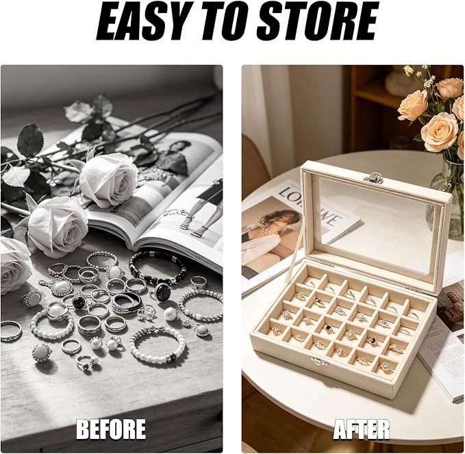 Small Velvet Jewelry Tray with Clear Lid, Lockable Ring Earring Holder Organizer Storage Box Case Jewelry Box Organizer for Rings Earrings Bracelets Brooches, 24 Grids Beige