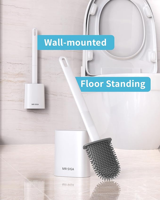 MR.SIGA Toilet Brush and Holder Set, Wall Mounted Toilet Bowl Brush, White | Space saving design, flexible thermoplastic rubber bristles, easily cleans hard to reach areas, pack of 2