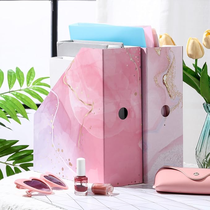 PerKoop 6 Pcs Decorative Magazine File Holders Floral Foldable File Folders Magazine Storage Boxes Rack Desk Organizer Documents with Printable Labels for School Office Home (Marble)
