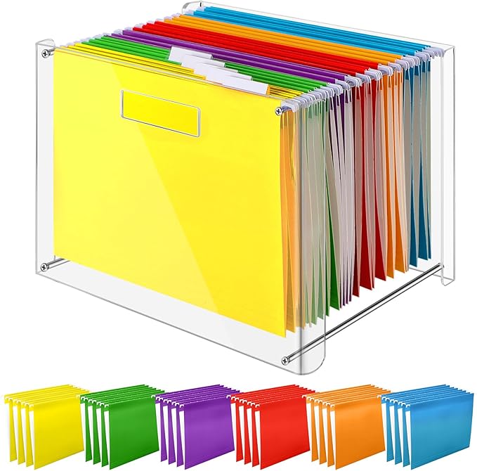 Dispowreath 24 Hanging File Folder with Acrylic Organizer for Letter/a4 Size Desktop Clear File Storage Box with Handles for Home Work Office Use(Rainbow,Classic)