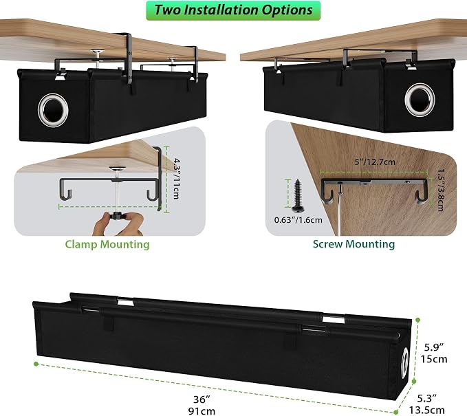 KEEGH Under Desk Cable Management Tray 36", Fabric Clamp/Screw Mount Cord Organizer, No Drill Under Desk Cable Tray for Home, Offices, Studios, Gaming Room (Black)