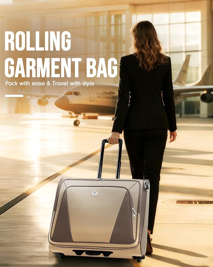 MATEIN Garment Bag with Wheels For Women, Large Wheeled Garment Bag, Khaki | For Hanging Clothes, 2 Packing Cubes, Softside, Foldable Travel Suit Carrier, Business Suitcase Luggage, Fits 17" Laptop