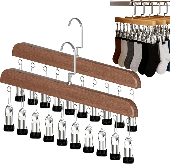 Closet Organizer with 10 Clips, 2026 New Wooden Pants Hangers with 10 Clips Multi-use Hanging Leggings Storage Organizer, Space-Saving Hanger for Skirts Scarves Hats Socks (2Pcs Retro Color)