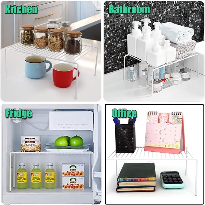 Kitchen Cabinet Shelf Organizer Set of 2, Large (15.7 x 9.4 inch) Metal Wire Pantry Storage Shelves, Dish Plate Racks for Cabinets, Freezer, Counter, Cupboard Organizers and Storage, White