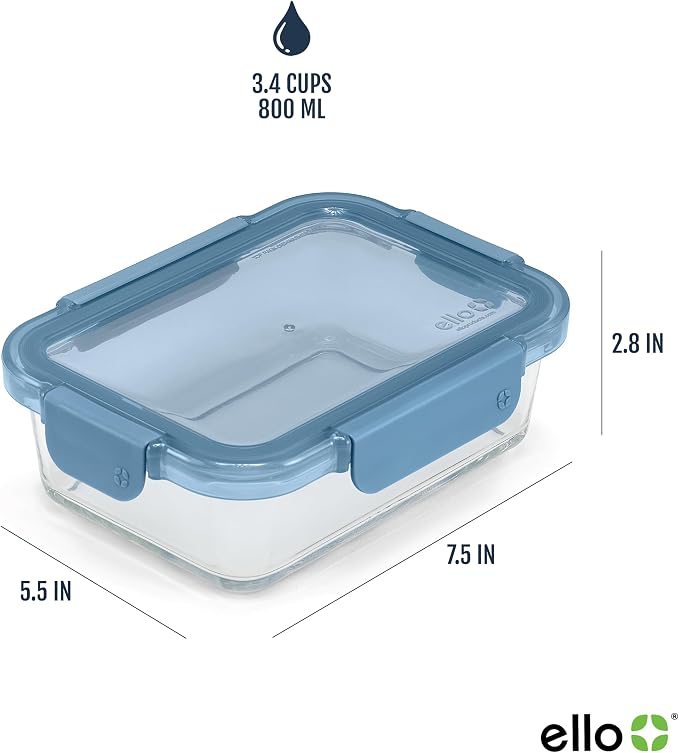 Ello Color Lock Glass Meal Prep Sets Leak-Proof Glass Food Storage Containers with Airtight BPA-Free Plastic Lids, Dishwasher, Microwave, and Freezer Safe