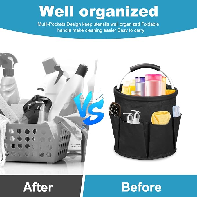 Qivine 17L Cleaning Caddy with Handle, Cleaning Supply Caddy (Black) | Cleaning Caddy for Cleaning Supplies, Portable Cleaning Supplies Organizer with 6 Pockets, Cleaning Bucket for Kitchen Garden