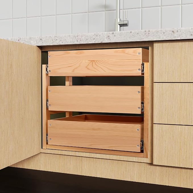Mulush Pull Out Drawers For Cabinets, 23''W×21''D×19''H Soft Close Slide Out Wood Shelves Storage Organizer for Kitchen, 3-Tier, Finished, Heavy-Duty, Bottom Assembly