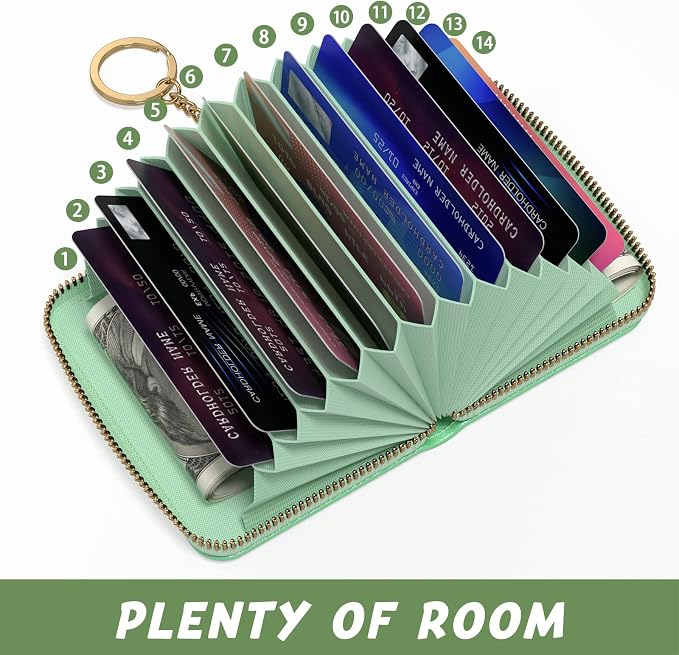 Aiawoxc Credit Card Holder for Women, Small RFID Wallet Slim Leather Business Card Organizer Case with Zipper and Keychain, Green