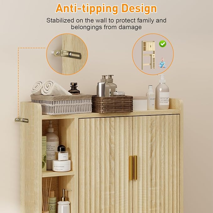 knoworld Fluted Over The Toilet Storage Cabinet, Above Toilet Bathroom Organizer with Toilet Paper Holder, Modern Behind Toilet Cabinet, Space Saver for Restroom, Bathroom, Laundry, Natural Oak
