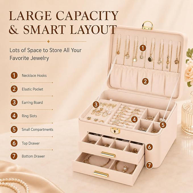 Jewelry Box for Women, Large Dresser Top Organizer with 3 Layers & 2 Drawers, PU Leather Storage Case for Earrings, Necklaces, Rings, Giftable Vanity Box (Cream white)