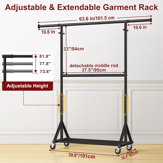 Heavy Duty Clothes Rack Load 760 LBS, Double Tier Rolling Garment Rack with Wheels, Adjustable Height Clothing Rack for Hanging Clothes, Double Rod Sturdy Metal Clothes Hanging Rack for Bedroom