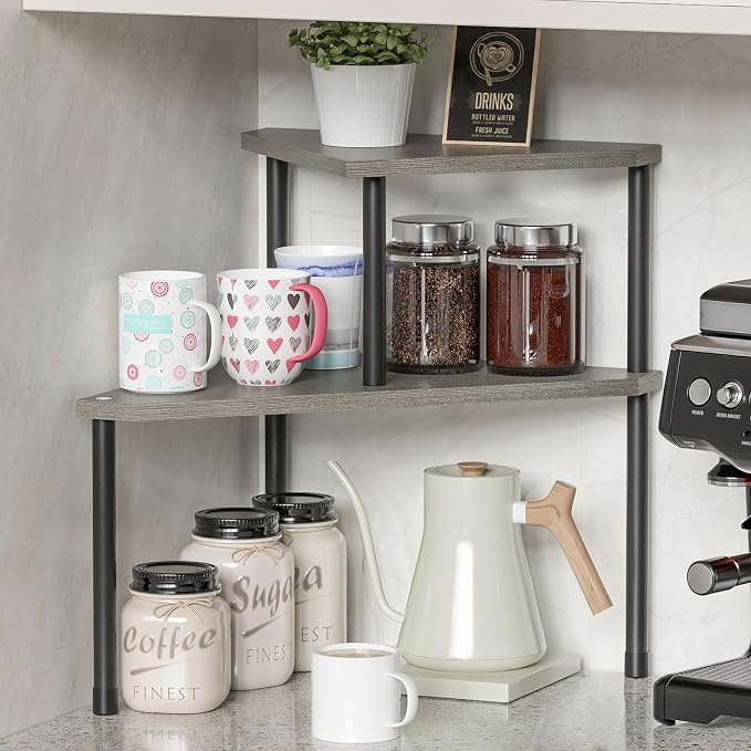 Weenson Bathroom Counter Organizer Over Sink Organizer for Toiletries, Makeup, Kitchen Countertop Organizer Spice Rack for Salt, 2-Tier Corner Counter Shelf for Coffee Area Storage(Rustic Grey)