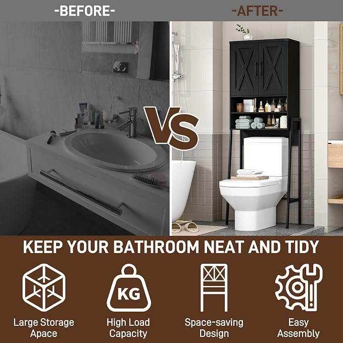 Vabches Over The Toilet Storage Cabinet, Farmhouse Over Toilet Storage Cabinet, Metal Frame with 2 Barn Doors, Home Space-Saving Toilet Rack for Bathroom, Toilet, Laundry Room,Black