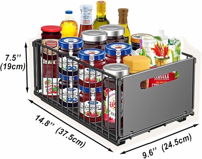 Sliding Pull-Out Cabinet Organizer 9.6"x14.8"x7.5" Black Heavy Duty Carbon Steel Drawer with Adhesive Rails, No Drill Storage Solution for Pantry/Closet