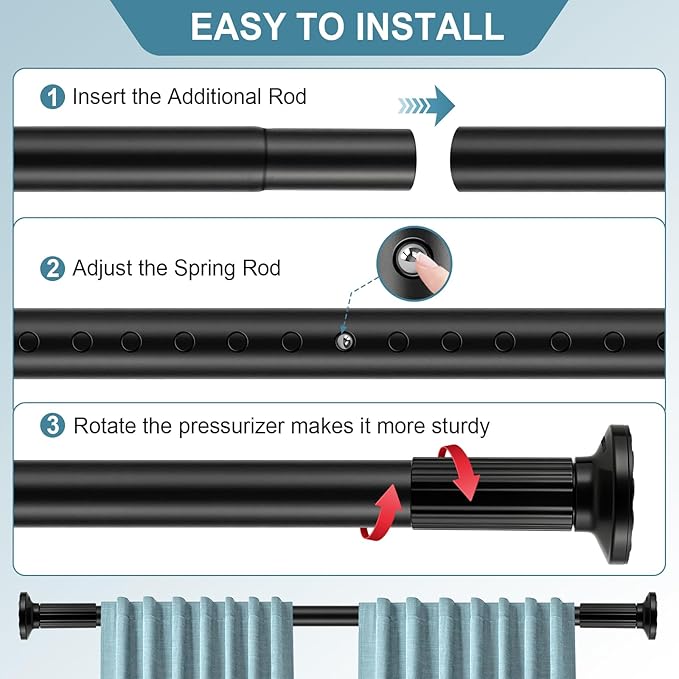 ZOCONE Tension Curtain Rod 51-168 In(4.25-14 Ft), Outdoor Curtain Rod No Drilling for Patio Window, Adjustable Shower Curtain Rod for Bathroom, Extra Long Tension Rod Diameter 1.26In Never Rust, Black