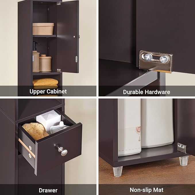 SoBuy Bathroom Storage Cabinet Adjustable Shelves, Tall Narrow, Brown | Freestanding Cupboard With Adjustable Shelves, Space-Saving Storage For Tiny Bathroom Gaps, BZR34-BR