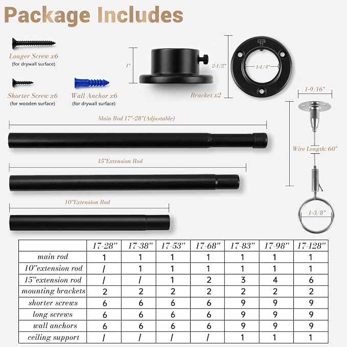 Closet Rod Adjustable 17 to 83 Inch, 1-1/4” Diameter, Closet Rods for Hanging Clothes, Stepless Metal Heavy Duty Hanging Rod for Closet Wardrobes Laundry RV (Black)