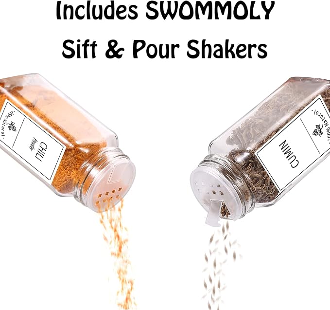SWOMMOLY 48 Glass Spice Jars with Labels, 4oz Empty Spice Bottles with Lids | 48 Pcs Square Spice Containers with 806 White Spice Labels, Pour/sift Shaker Lid, Airtight Cap, Chalk Marker and Funnel
