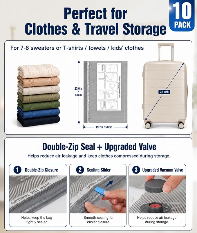 Fantictas Vacuum Storage Bags, 10 Small Space Saver Bags with Hand Pump 80% Space Saver Vacuum Seal Bags Vacuum Seal Compression Bags for Clothes, Travel Luggage, Closet, Dorm, Moving
