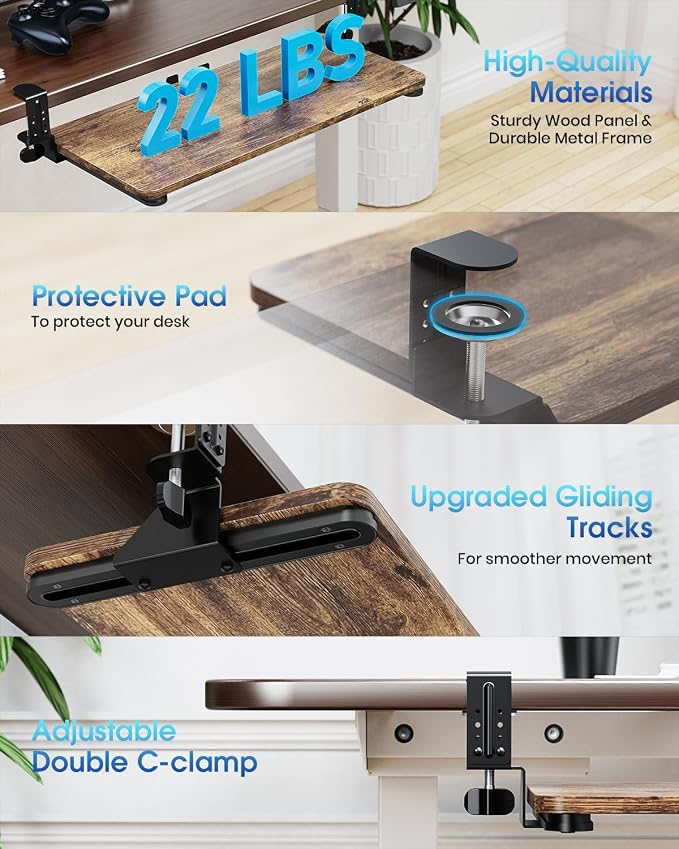 Large Keyboard Tray Under Desk, Pull Out Keyboard & Mouse Tray with Adjustable C-clamp, 25.6(31.5 Including Clamps) x 11.8 Inch Slide Out Computer Keyboard Drawer Mouse Tray for Typing, Brown