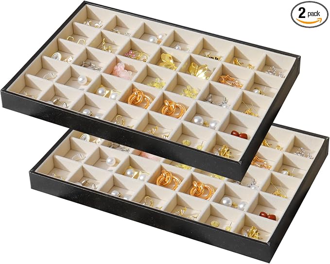 Large Jewelry Organizer Tray 2 Pack, Stackable Jewelry Storage Holder for Drawer Inserts, PU Leather Velvet Jewellery Display Case for Earring Bracelet Necklace Ring (Black Beige, 35 Grids)
